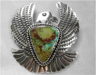 Albert Cleveland Signed Vintage 2 1/4 Inch Sterling Turquoise Thunderbird Brooch