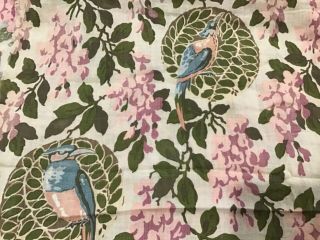 Antique Vtg Fabric Wisteria Blue Jay Birds Cotton 1910 1920s Arts Crafts 4 Yards