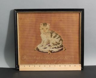 Antique Signed French 1877 Victorian Folk Art Embroidery Cat Kitten Kitty Nr