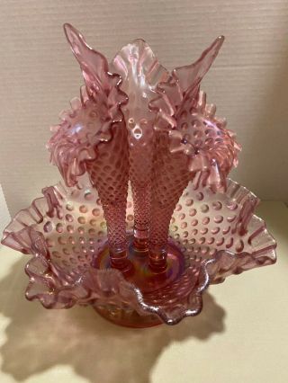 Vintage Fenton 3 Horn Pink/purple Iridescent Hobnail Glass Epergne 10 Inch
