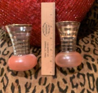 Small Vintage 4 " Glass Bud Vase With Pink Base And Gold Stripes Set Of 2