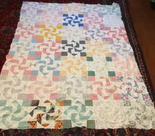 Vintage Flying Geese ?cotton Quilt Top Hand Stitched Feed Sack Cotton 60x 80 In