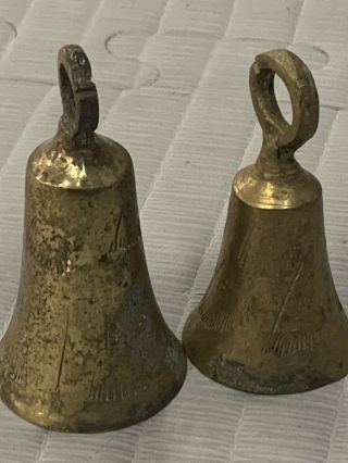 2 Vintage Antique Brass Etched Dinner Bells Set Of Metal Service Bells