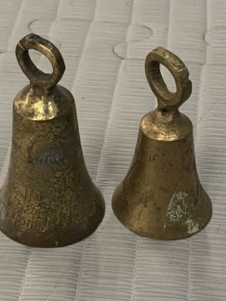 2 Vintage Antique Brass Etched Dinner Bells Set Of Metal Service Bells 2