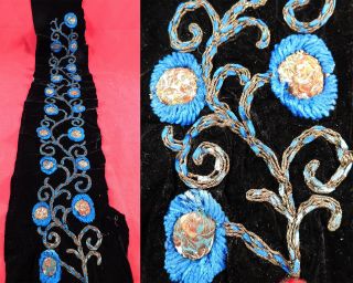 Vintage Art Deco Black Velvet Blue Chenille Gold Lame Embroidered Dress Trim