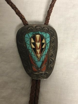 Vintage Sterling Silver And Multi Stone Inlay Bolo Tie Zuni Vmb