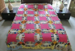 Needs Minor Tlc: Vintage Feed Sack Wedding Ring Quilt Top W/ Novelty Prints Full