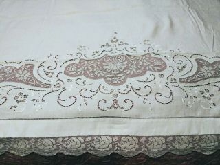 Gorgeous Vintage / Antique Italian Filet Lace Embroidered Linen Sheet 94 " X 70 "