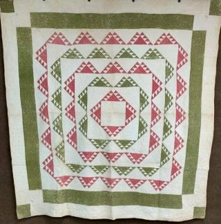 Early C 1840 - 50s Delectable Mountains Quilt Antique Turkey Red Stamped Signed