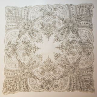 Antique Heavy Embroidered White Madeira Lace Wedding Handkerchief Vintage Hankie