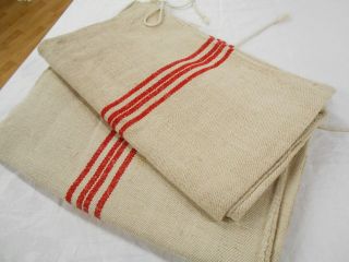 Pair Vtg Antique Red Stripe Hemp Linen King Pillowcase Feed Sack Grain Bag 18x43