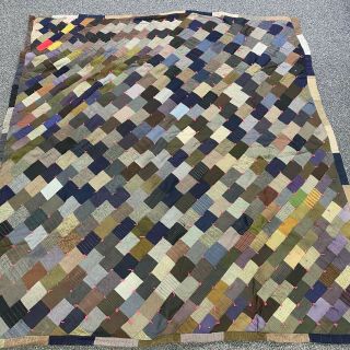 Vintage Handmade Crazy Quilt Old Tweed Suit Fabric Diagonal Pattern 65 X 72