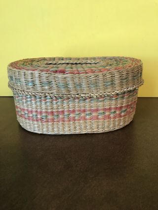Vintage Hand Woven Sweet Grass Oval Basket With Lid Cover