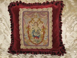 Dramatic 19th C French Needlepoint Tapestry Pillow Portrait Of Woman