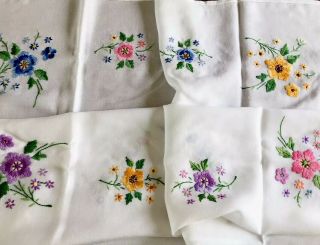Vintage Hand Embroidered White Rayon Flowers Tablecloth 40x42 Inches
