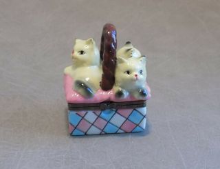 Vintage Ceramic Hinged Trinket Box With 3 Kittens In A Basket And Surprise