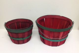 2 Vintage Slat Wood Baskets With Bail Wire Handles 8 & 4 Quart Red & Green