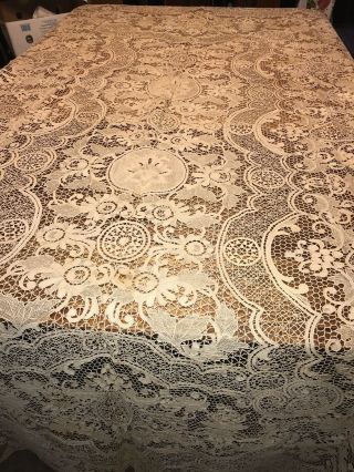 Huge Antique Hand Made Floral Medallion Lace Table Cloth 8 1/2’x6’