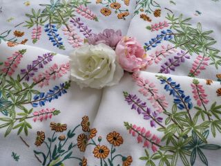 Vtg Hand Embroidered Tablecloth English Country Garden Lupins
