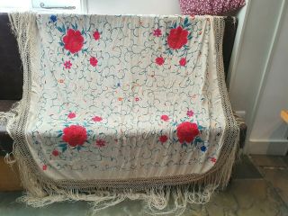 Large Chinese Silk Double Sided Embroidered Piano Shawl