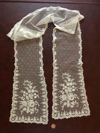 19th C.  Brussels bobbin lace applique scarf with floral bouquets COSTUME 2