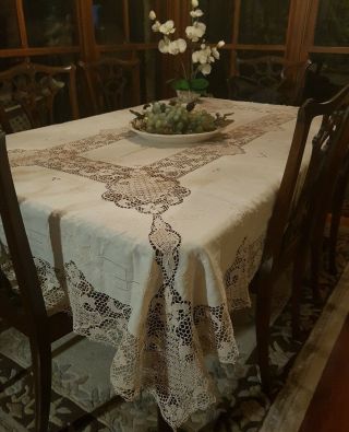 Vintage Ecru Italian Point De Venise Lace Tablecloth Needlelace Reticella 230cm