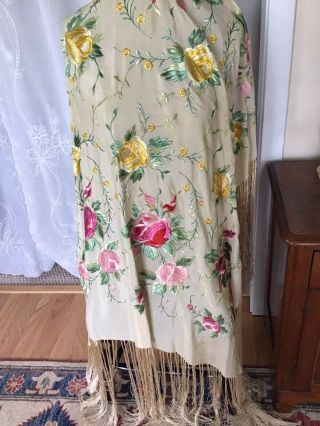 Antique Chinese Canton Floral Embroidered Piano Shawl Silk Long Fringe