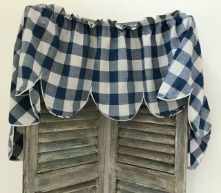 Antique French Vichy Blue Check Valance Scallop Edge Rustic Early 19th C.