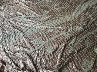 Antique Crochet On Silk Hand Stitched Quilt Bedspread With Matching Throw