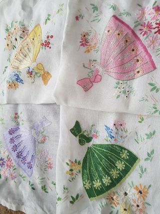 Pretty Vintage Hand Embroidered Tableclots With Crinoline Ladies (4 Items)
