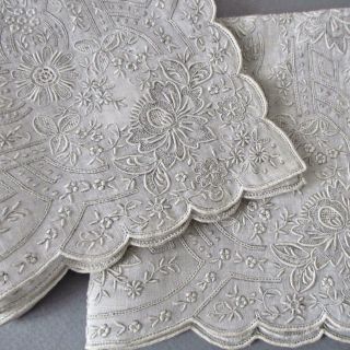 2 Vintage Linen Wedding Handkerchief Hand Embroidered Appenzell Whitework Bridal