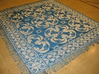 Antique Vtg Italian Blue & White Jacquard Heavy Cotton Bedspread W/fringe 112x98