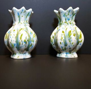 Vintage Mini Hand Painted Ceramic Vase Candlesticks White Blue Green