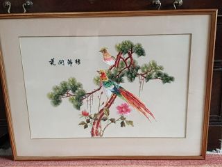 Vintage Oriental Hand Sewn Embroidery Birds Flowers Framed