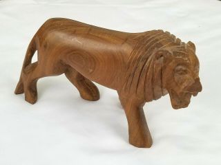 Carved Wooden Lion Figurine Red Oak Wood Vintage Handmade African Wild Cat Decor