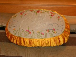 Vintage Large Boudoir Pillow Cushion Embroidered Swan Gathered Sides Art Deco