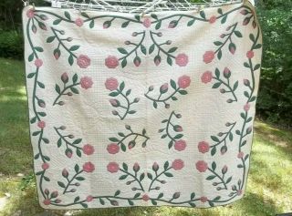 Vintage Applique Floral Quilt Pink Green Floral & Vine Hand Stitched Large Twin