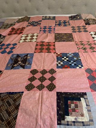 Vintage Quilt Top 60x69 Pink With Multicolor Squares Handmade Estate