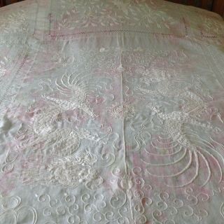 Antique Chinese Dragons Manila Silk Linen Embroidered Tablecloth Bedspread.