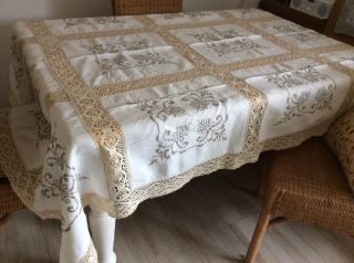 Large Vintage Hand Worked Irish Linen Lace Inserts And Edge Tablecloth 72” By 56