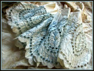 Rare Antique Victorian 19th Hdmd Eyelet Broderie Anglaise Trim Blue