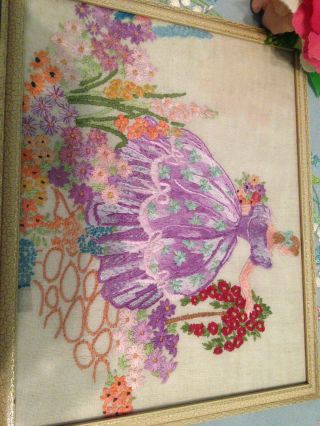 Vintage Hand Embroidered Picture Stunning Crinoline Lady Cottage Garden Flowers