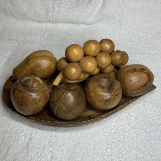 Vintage 8 Pc.  Carved Wooden Wood Fruit And Bowl Set Grapes Banana Apple Pear