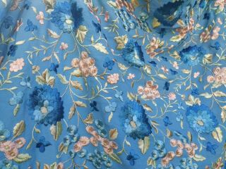 Antique Vintage 3.  65m Chinese Canton Silk Embroidered Sky Blue Flowers Leaves