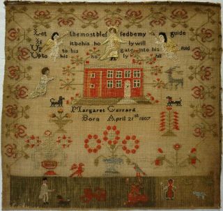 Early 19th Century Red House & Figures Sampler By Margaret Gerrard - C.  1820