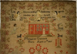 EARLY 19TH CENTURY RED HOUSE & FIGURES SAMPLER BY MARGARET GERRARD - c.  1820 2