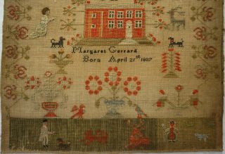 EARLY 19TH CENTURY RED HOUSE & FIGURES SAMPLER BY MARGARET GERRARD - c.  1820 3