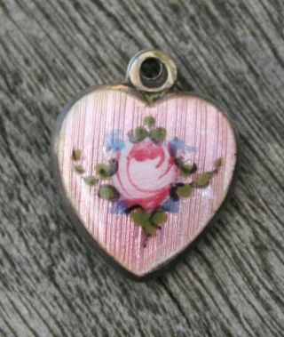 Vintage Sterling Puffy Heart Charm - Guilloche With Pink Enamel & Pink Rose