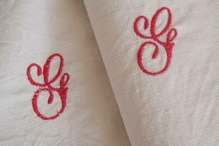 Antique French Linen Dowry Sheet Pure Handloomed Linen Red Monogram 