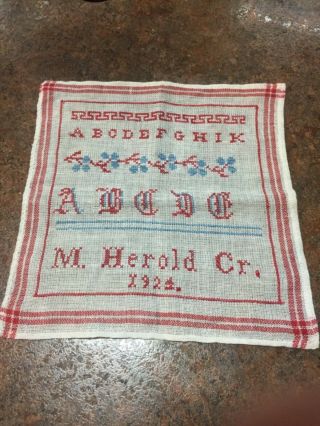 Antique Cross Stitch Sampler Abc’s From 1924 By M.  Herald Cr.